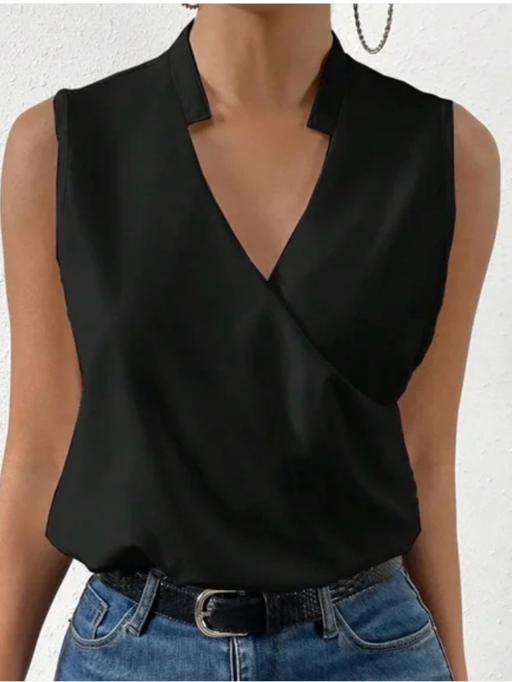Black Sleeveless V-Neck Wrap Top